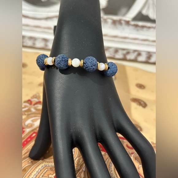 Handmade Jewelry - Elegant Blue Lava Stone and Gold Beaded Bracelet